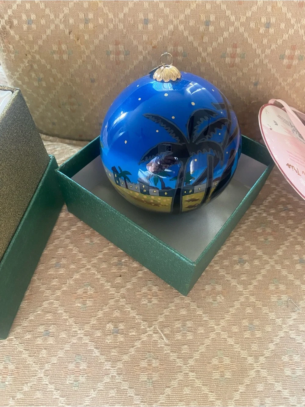 Pier 1 Blue Hand-Painted Palm Tree Glass Ornament in A Padded Box